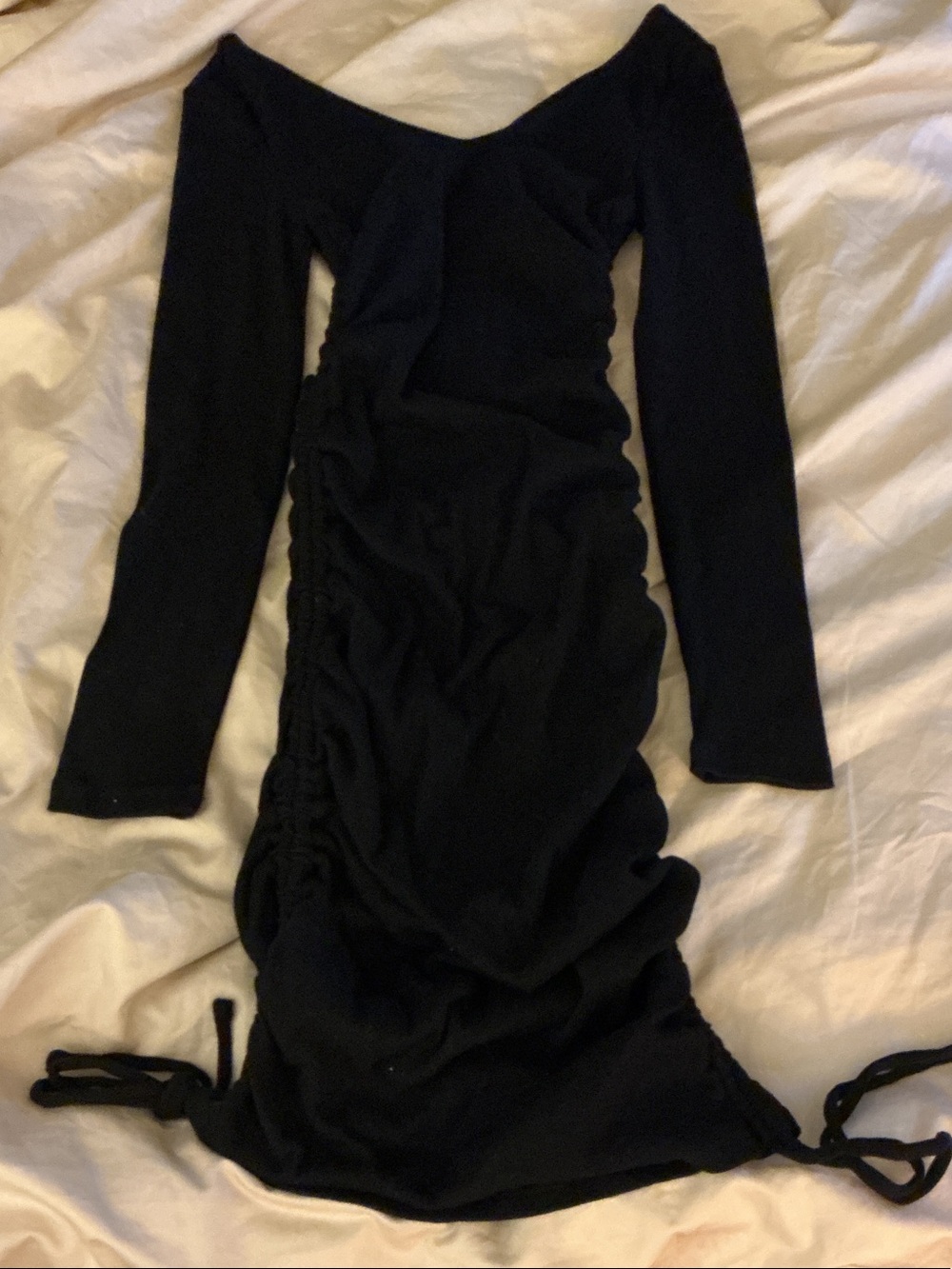 Windsor Black Long-Sleeve Ruched Midi Dress